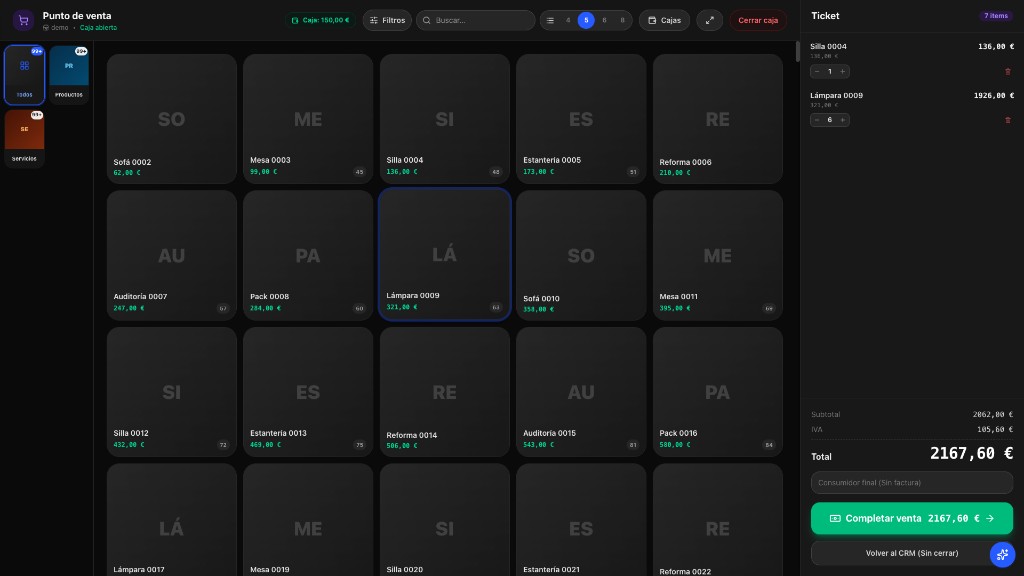 TPV Evofact: productos, ticket con líneas y completar venta